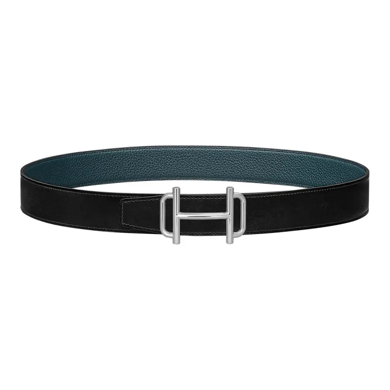 HERMES Royal Avant Garde Silver Buckle Togo Calfskin Double Sided Leather Belt Women's Black Width 3.2cm-0