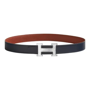 HERMES H Silver Buckle Togo Calfskin Double-Sided Leather Belt Women's Blue Width: 3.2cm