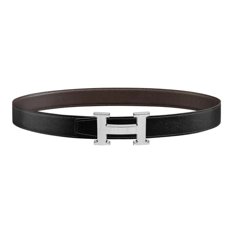 HERMES H Stripes Letter H Silver Buckle Togo Calfskin Double Sided Leather Belt Women's Black Width 3.2cm-0