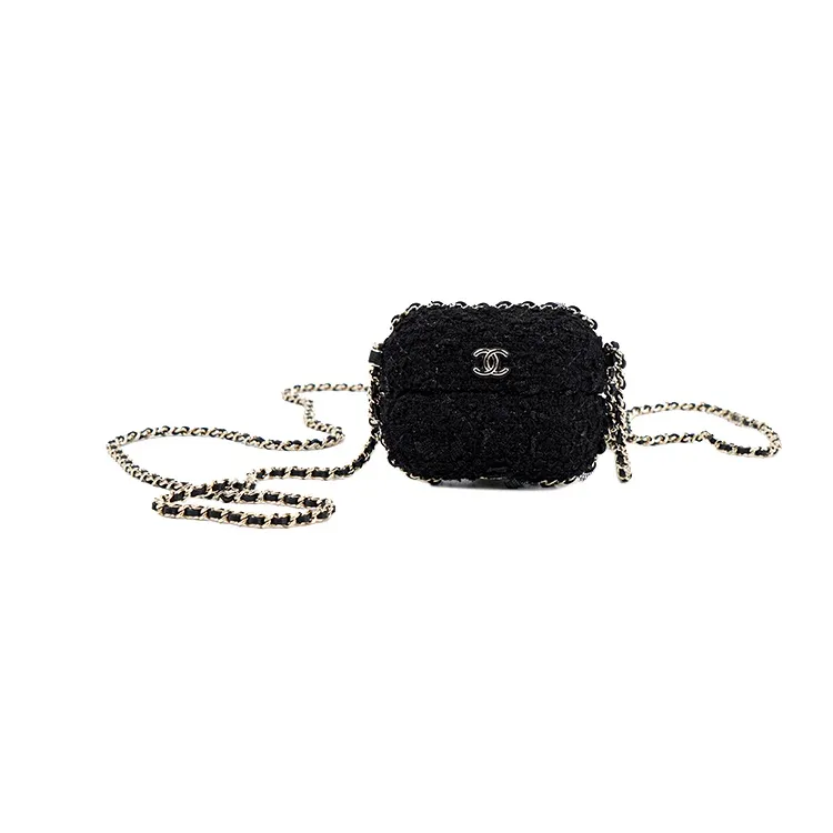 CHANEL Soft Woolen Chain Bag Clutch Earphone Case Women's Black-4