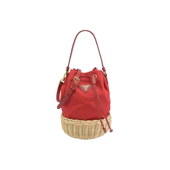 PRADA Canvas Straw Woven Bucket Bag Portable Crossbody Bag Shoulder Bag Regular Women's Red