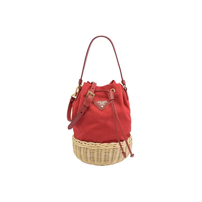 PRADA Canvas Straw Woven Bucket Bag Portable Crossbody Bag Shoulder Bag Regular Women's Red-0