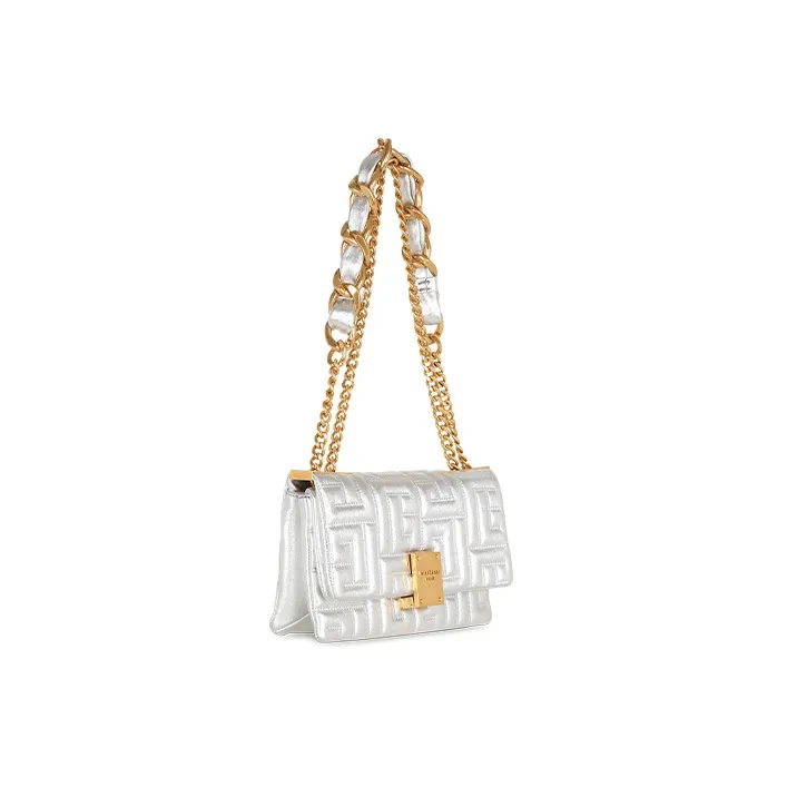 BALMAIN 1945 Quilted Soft Leather Shoulder Bag Crossbody Bag Handbag Medium Size Women's Silver White-1