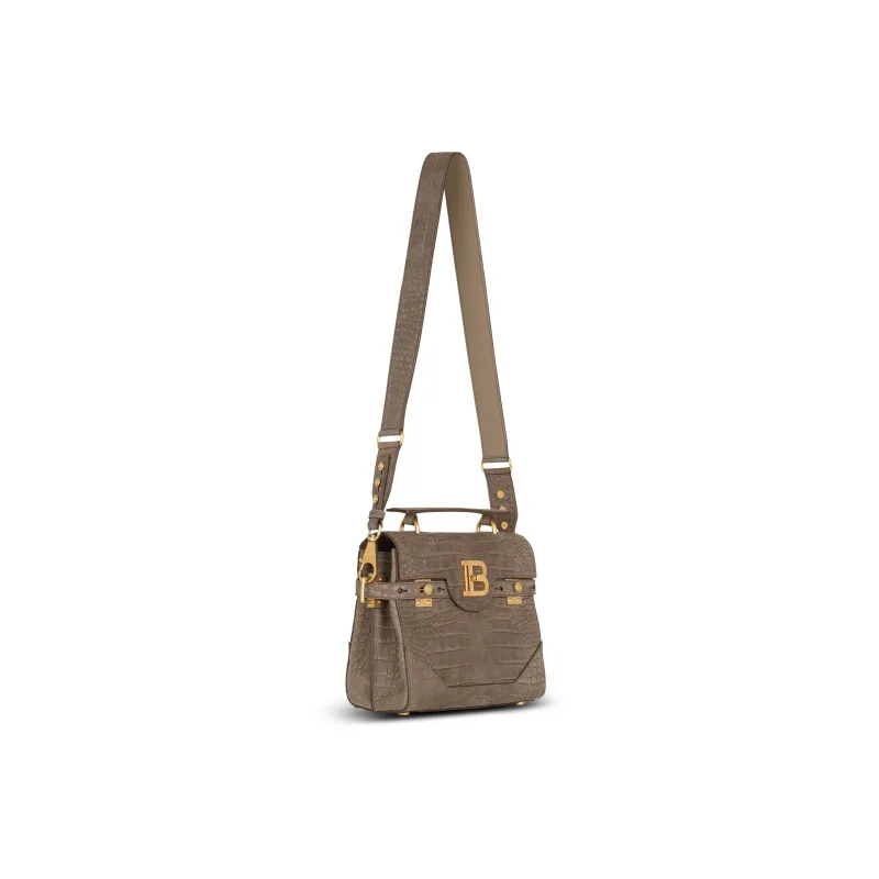 BALMAIN B-BUZZ Crocodile Pattern Embossed Calfskin Shoulder Bag Crossbody Bag Handbag Women's Gray-2