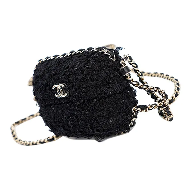 CHANEL Soft Woolen Chain Bag Clutch Earphone Case Women's Black-7