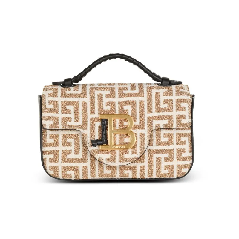 BALMAIN B-BUZZ Lurex Jacquard Handbag Shoulder Bag Crossbody Bag Mini Women's Gold/White-0