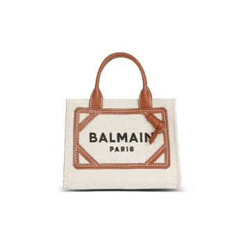 BALMAIN B ARMY Leather Patchwork Canvas Tote Bag Shoulder Bag Handbag Mini Women's Beige/Brown