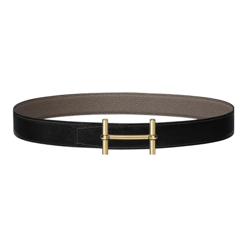 HERMES Individual Gold Buckle Togo Calfskin Double Sided Leather Belt Women's Black Width 3.2CM