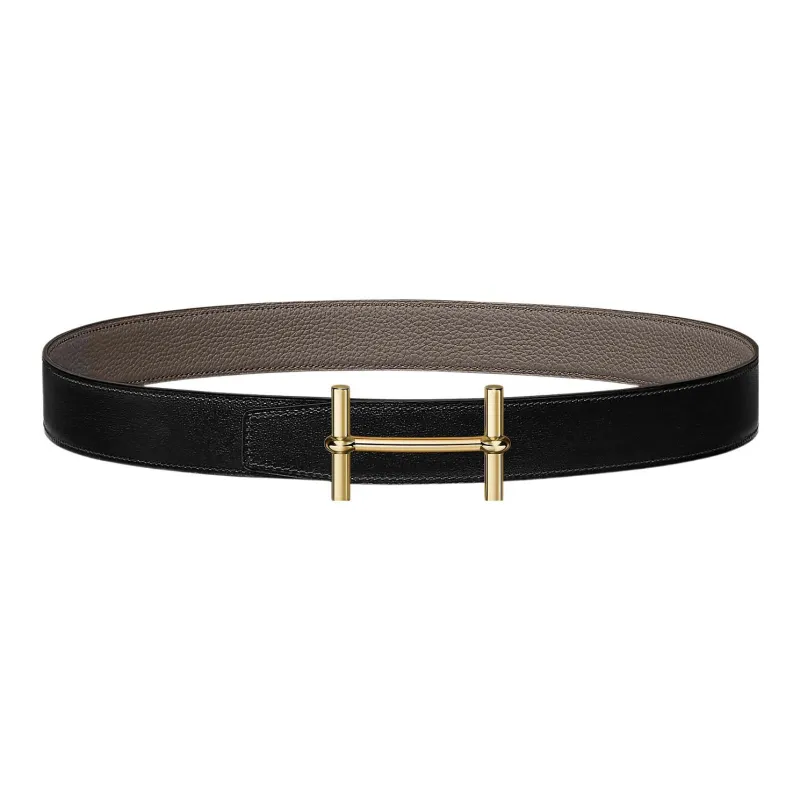 HERMES H D'Ancre Individual Gold Buckle Togo Calfskin Double Sided Leather Belt Women's Black Width 3.2cm-0