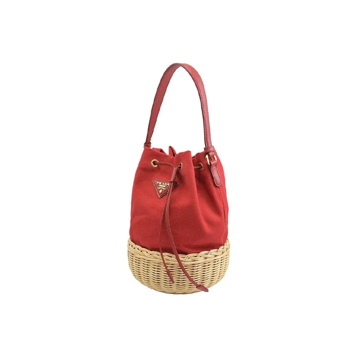 PRADA Canvas Straw Woven Bucket Bag Portable Crossbody Bag Shoulder Bag Regular Women's Red-1