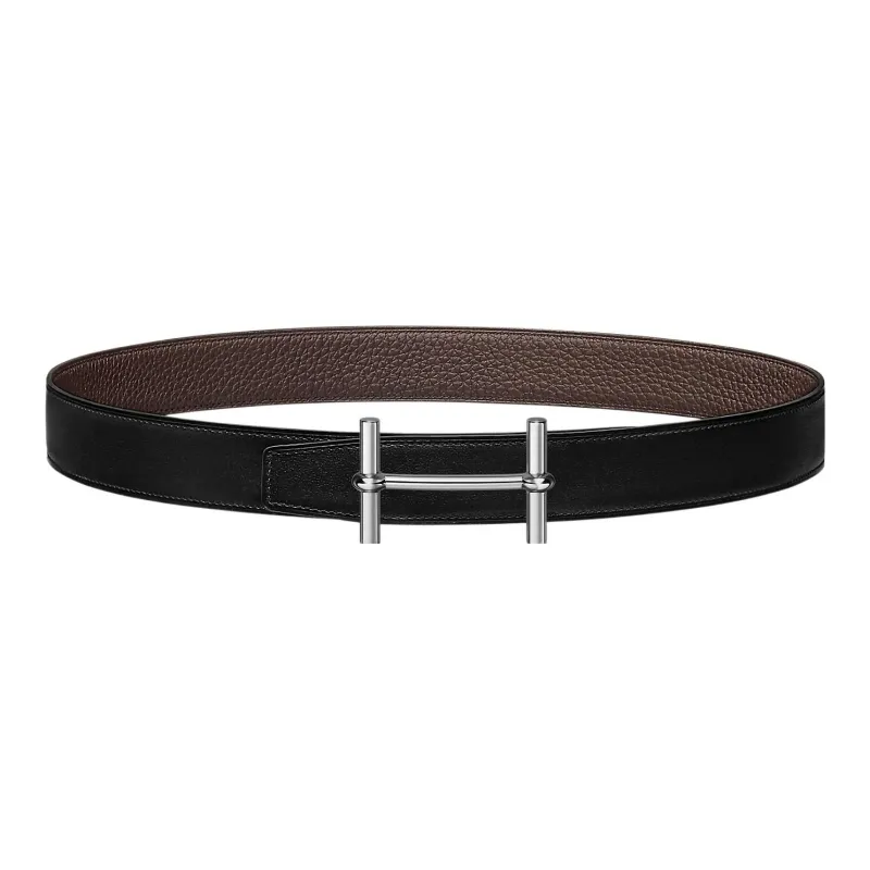 HERMES H D'Ancre Comfortable Silver Buckle Togo Calfskin Double Sided Leather Belt Women's Black Width 3.2cm-0