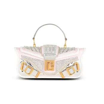BALMAIN Leather With Embroidered Satin Portable One Shoulder Crossbody Clutches Women's Pink & White