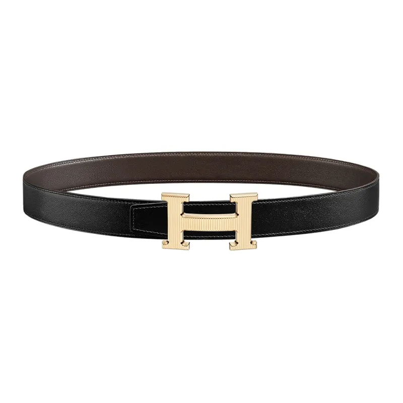 HERMES H Stripes Individual Gold Buckle Togo Calfskin Double Sided Leather Belt Women's Black/Dark Brown Width 3.2cm-0