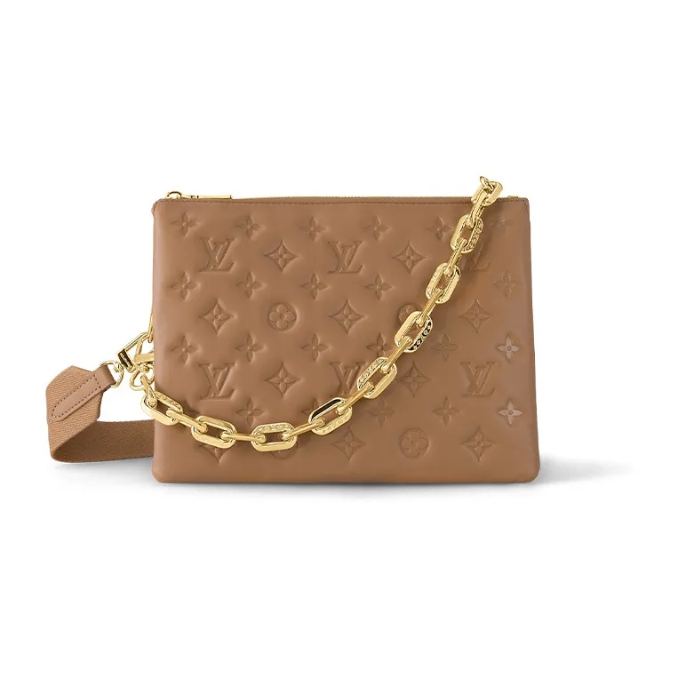 LOUIS VUITTON Coussin Sheepskin Cow Leather Patchwork Trim Shoulder Bag Crossbody Bag Small Size Women's Brown-0