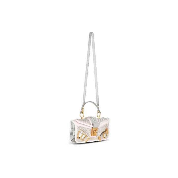 BALMAIN Leather With Embroidered Satin Portable One Shoulder Crossbody Clutches Women's Pink & White-1