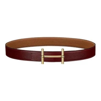 HERMES Gold Buckle Epsom Calfskin Belt Women's Red/Brown Width: 3.2cm