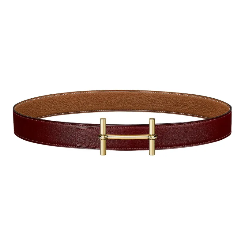 HERMES Gold Buckle Epsom Calfskin Belt Women's Red/Brown Width: 3.2cm-0