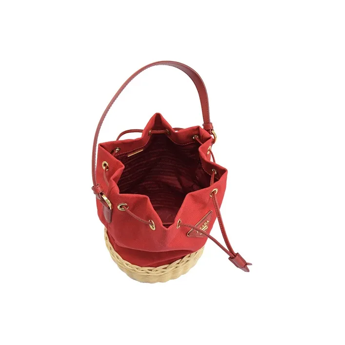 PRADA Canvas Straw Woven Bucket Bag Portable Crossbody Bag Shoulder Bag Regular Women's Red-3