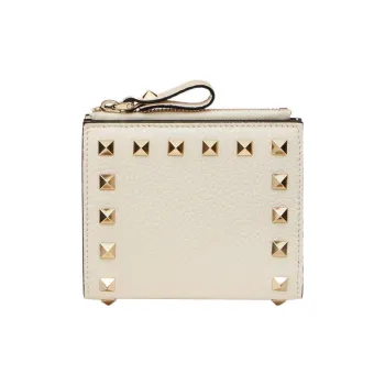 Valentino Rockstud Grained Calfskin Wallet Coin Purse Card Holder Small Size Women's White