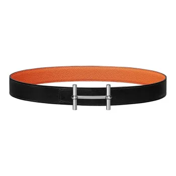 HERMES Individual Elegance Silver Buckle Togo Calfskin Double Sided Leather Belt Women's Black/Orange Width  3.2cm