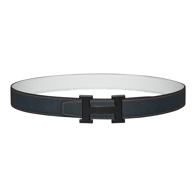 HERMES Matte Black Buckle Epsom Calfskin Double-Sided Leather Belt Women's Dark Blue Width: 3.2cm-0
