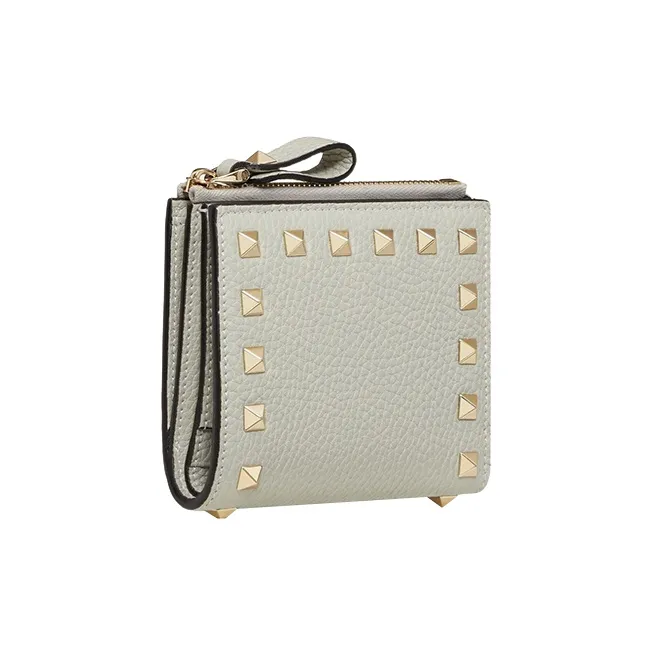 Valentino Rockstud Grained Calfskin Wallet Coin Purse Card Holder Small Size Women's Gray-1