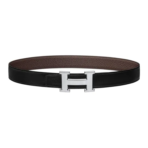 HERMES Minimalist Style Fashion Silver Buckle Epsom Calfskin Belt Women's Black/Brown Width: 3.2cm