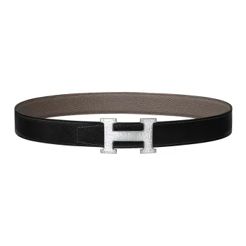HERMES H Martelee Fashion Trend Silver Buckle Togo Calfskin Double Sided Leather Belt Women's Black Width 3.2cm