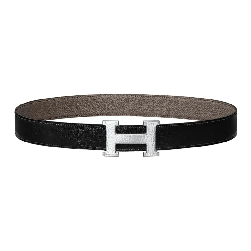 HERMES H Martelee Fashion Trend Silver Buckle Togo Calfskin Double Sided Leather Belt Women's Black Width 3.2cm-0