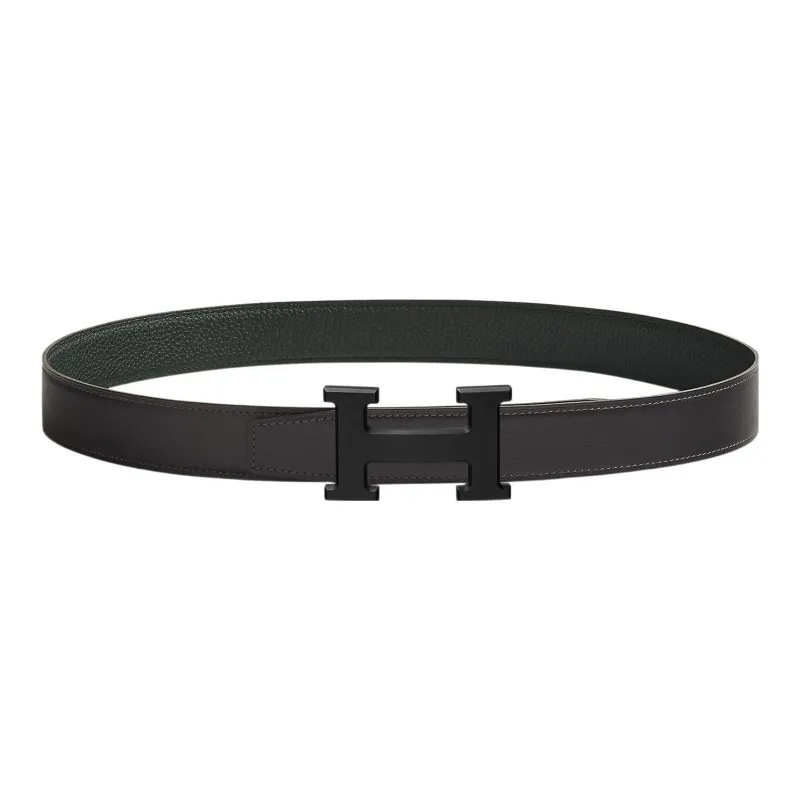 HERMES H Matte Black Buckle Togo Calfskin Double-Sided Leather Belt Women's Graphite/Dark Green Width: 3.2cm-0