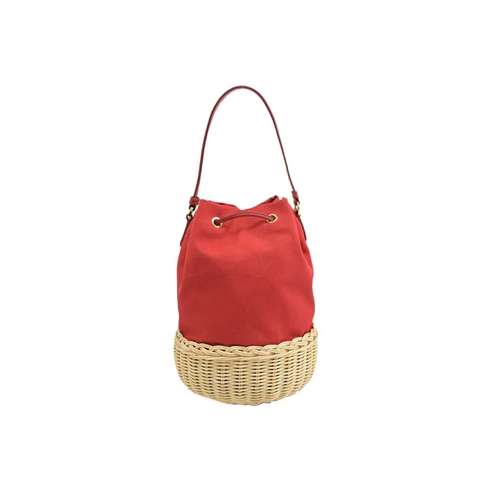 PRADA Canvas Straw Woven Bucket Bag Portable Crossbody Bag Shoulder Bag Regular Women's Red-2