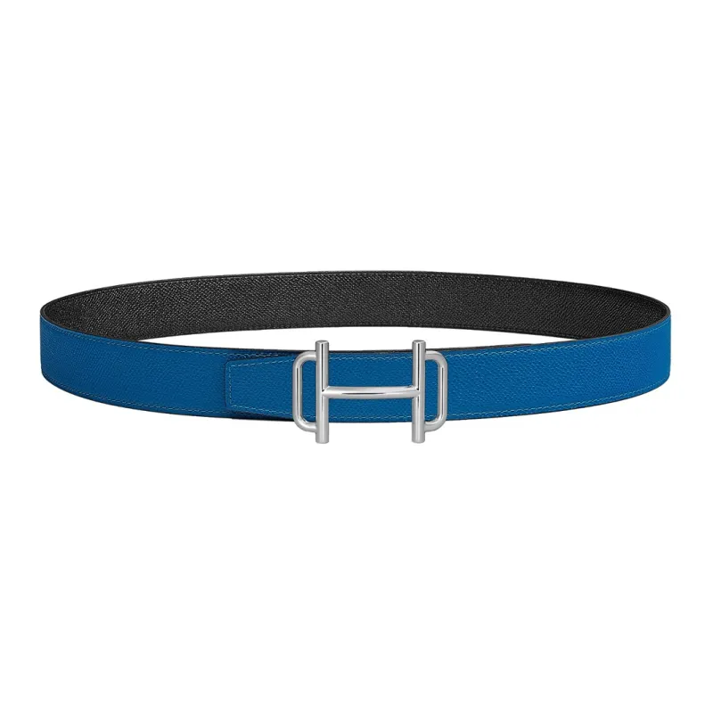 HERMES Royal Avant Garde Silver Buckle Epsom Calfskin Double Sided Leather Belt Women's Blue/Black Width 3.2cm-0