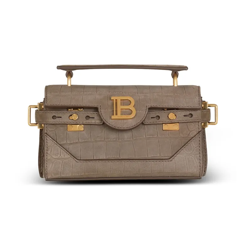 BALMAIN B-BUZZ Crocodile Leather Embossed Calfskin Handbag Shoulder Bag Crossbody Bag Women's Gray-0