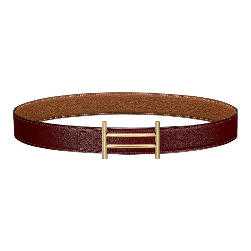 HERMES Double Sided Comfortable Gold Buckle Togo Calfskin Double Sided Leather Belt Women's Red Width  3.2cm-0
