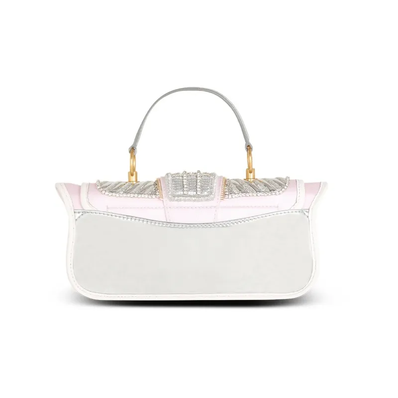 BALMAIN Leather With Embroidered Satin Portable One Shoulder Crossbody Clutches Women's Pink & White-2
