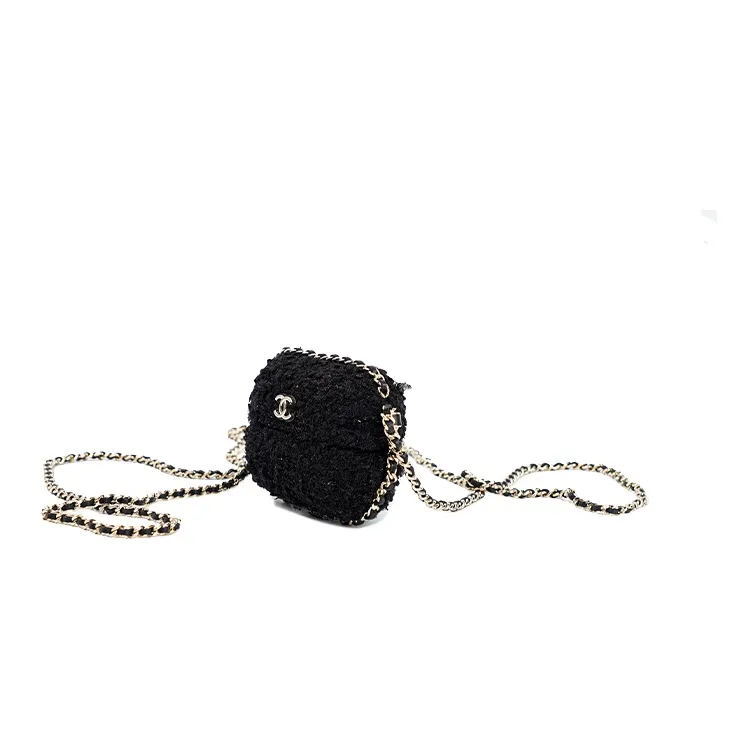 CHANEL Soft Woolen Chain Bag Clutch Earphone Case Women's Black-5