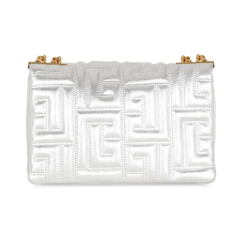 BALMAIN 1945 Quilted Soft Leather Shoulder Bag Crossbody Bag Handbag Medium Size Women's Silver White-2