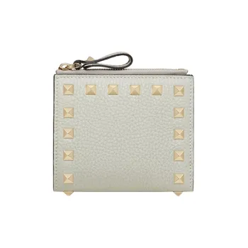 Valentino Rockstud Grained Calfskin Wallet Coin Purse Card Holder Small Size Women's Gray