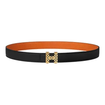 HERMES Individual Avant-Garde Gold Buckle Togo Calfskin Double-Sided Leather Belt Women's Black/Orange Width: 2.4cm