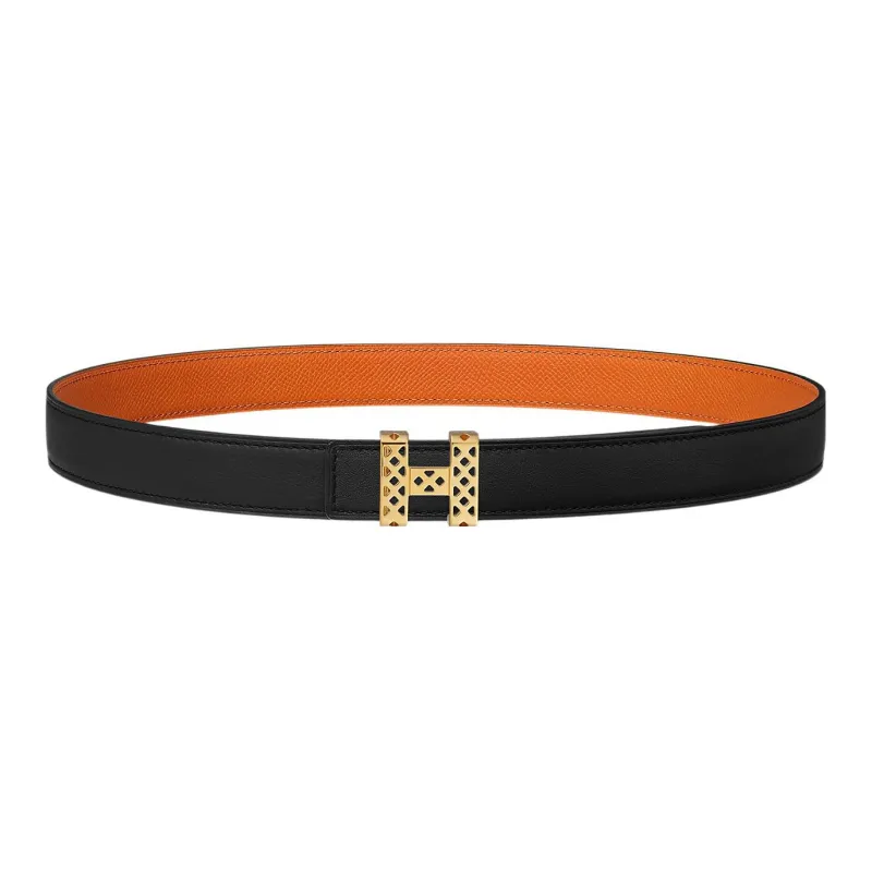 HERMES Individual Avant-Garde Gold Buckle Togo Calfskin Double-Sided Leather Belt Women's Black/Orange Width: 2.4cm-0