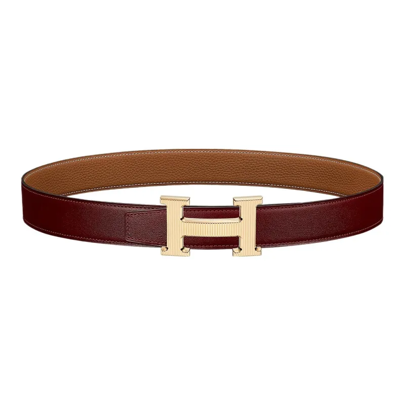 HERMES Elegance Gold Buckle Epsom Calfskin Double-Sided Leather Belt Women's Red Width: 3.2cm-0