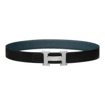 HERMES Fashion Elegance Individual Silver Buckle Togo Calfskin Double Sided Leather Belt Women's Black Width  3.2cm
