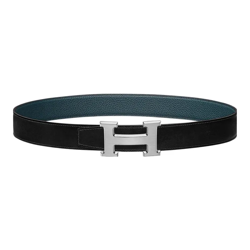 HERMES Togo Fashion Elegance Individual Silver Buckle Togo Calfskin Double Sided Leather Belt Women's Black Width 3.2cm-0
