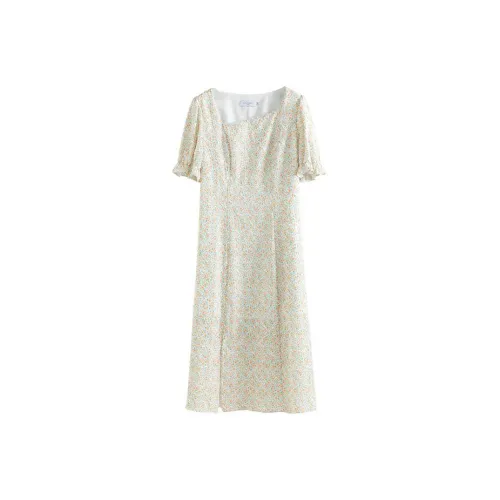 Solitary Short-Sleeved Dresses Women's Beige Base With Yellow Flowers