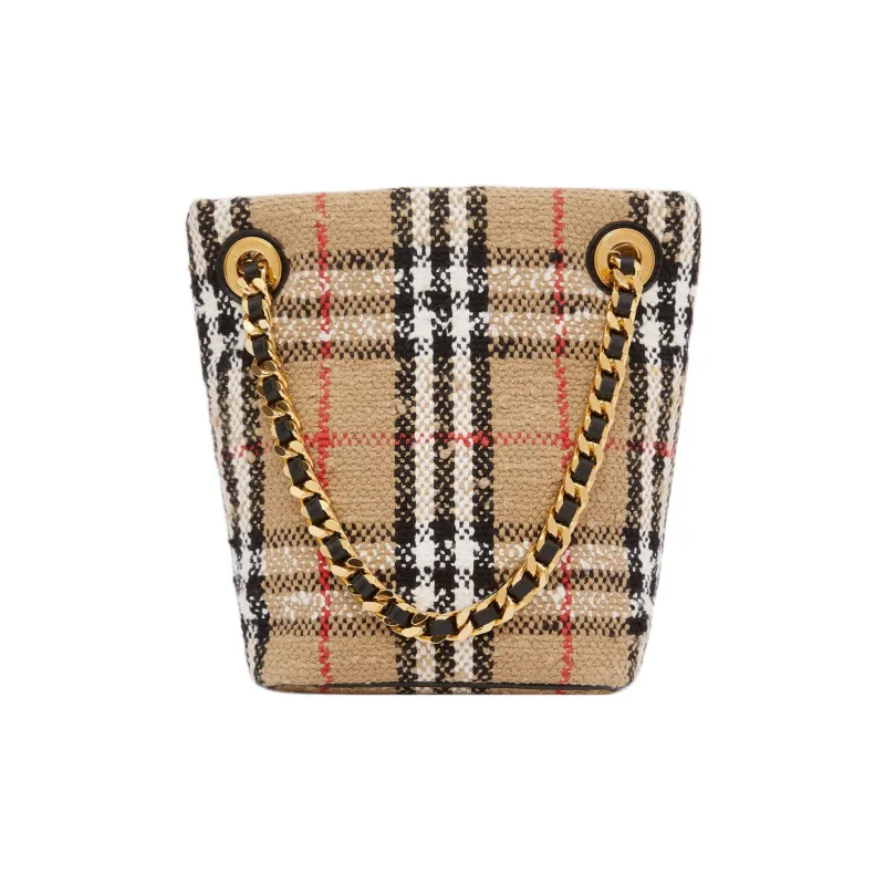 Burberry Vintage Cowhide Cotton Polyamide Wool Loena Bucket Bag Handbag Shoulder Bag Crossbody Bag Mini Women's Beige-3