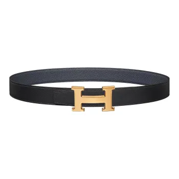 HERMES Versatile Light Gold Buckle Togo Calfskin Double Sided Leather Belt Women's Black/Dark Blue Width 3.2cm