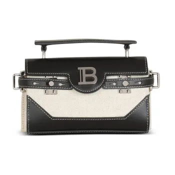 BALMAIN B BUZZ Smooth Leather With Canvas Portable Crossbody Bag, Shoulder Bag Men's White & Black