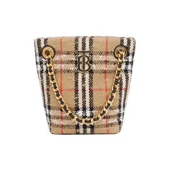 Burberry Vintage Cowhide Cotton Polyamide Wool Loena Bucket Bag Handbag Shoulder Bag Crossbody Bag Mini Women's Beige
