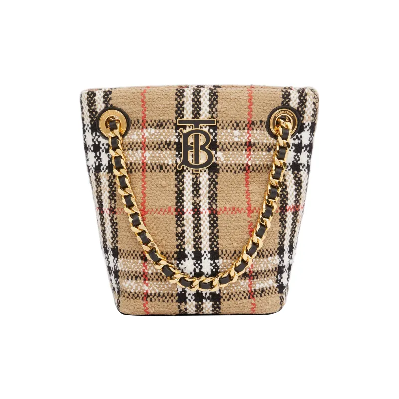 Burberry Vintage Cowhide Cotton Polyamide Wool Loena Bucket Bag Handbag Shoulder Bag Crossbody Bag Mini Women's Beige-0