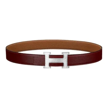 HERMES H Martelee H Logo Silver Buckle Epsom Calfskin Double Sided Leather Belt Women's Red/Brown Width 3.2cm
